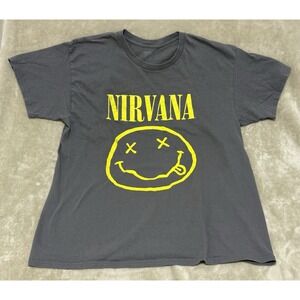 Nirvana T-Shirt Gray‎ Yellow Smiley Face Band Concert Grunge Graphic Tee Large